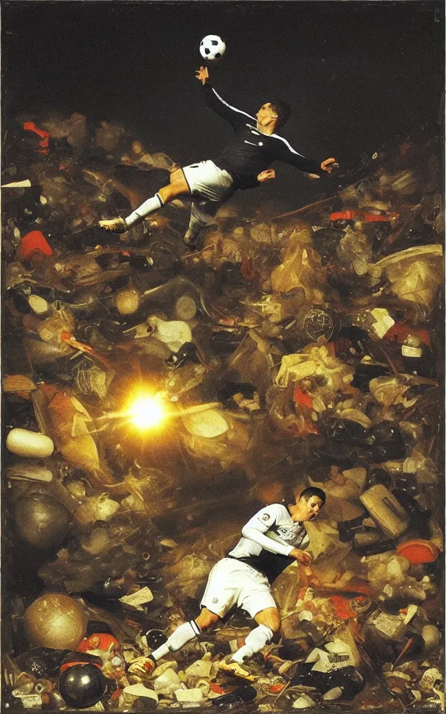 Image similar to scientific cristiano ronaldo soccer player surrounded by trash meanwhile another soccer player is tackling the nike ball in front of the light flare, night earth crust, trail cam, realistic photography paleoart, masterpiece album cover, by Goya and Velazquez