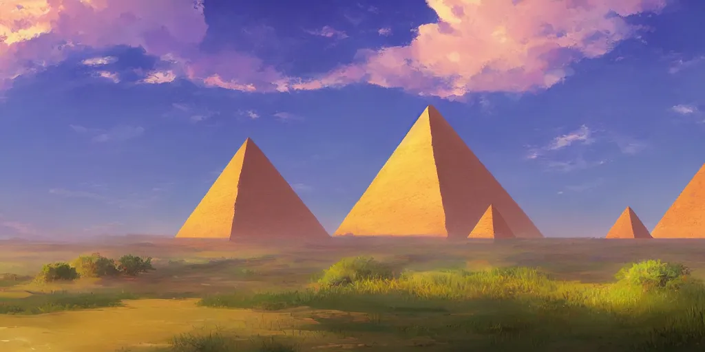 Image similar to a stunning dresert landscape with a pyramid in the distance by makoto shinkai