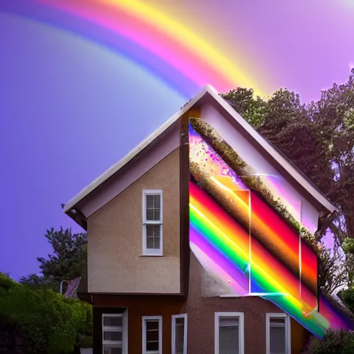 Prompt: cinematic film still of a house made of rainbow reflective crystal 4k