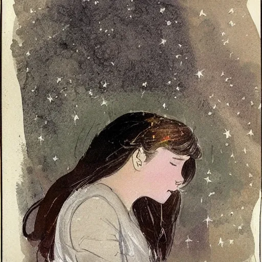 Image similar to Illustration. A beautiful illustration of a young girl with long flowing hair, looking up at the stars. She appears to be dreaming or lost in thought. in India by Sir James Guthrie riotous