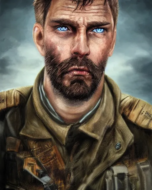 Prompt: portrait of tall, tired and fucked up 3 3 - year - old handsome man with short darkblonde hair, sad eyes and beard, blue eyes, wearing dirty soldier uniform, hyper realistic face, beautiful eyes, character art, art by mark brooks, hyperdetailed, cryengine, trending on artstation, digital art