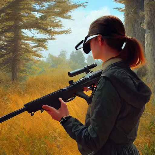 Prompt: Spectacular Digital Painting Portraits, Mark Chang artstation, Sophie Langdon shooting a rifle inside of a bush portrait study by Ilya Kuvshinov