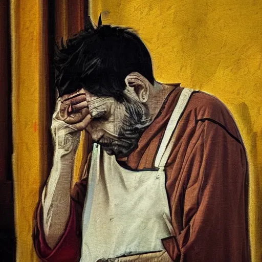 Image similar to very sad person in turin, italy, stylized painting