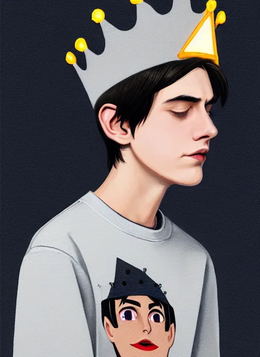 Image similar to portrait of teenage jughead jones wearing a light grey crown, photorealistic, crown, sweater with letter s on it, hamburger, eyes closed, crown, black hair, intricate, elegant, glowing lights, highly detailed, digital painting, artstation, concept art, smooth, sharp focus, illustration, art by wlop, mars ravelo and greg rutkowski