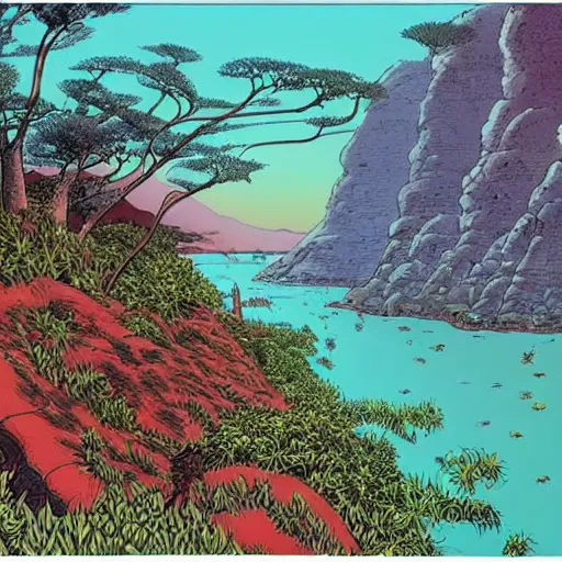 Image similar to illustration of a lush natural scene on an alien planet by moebius. detailed. beautiful landscape. colourful weird vegetation. cliffs and water.