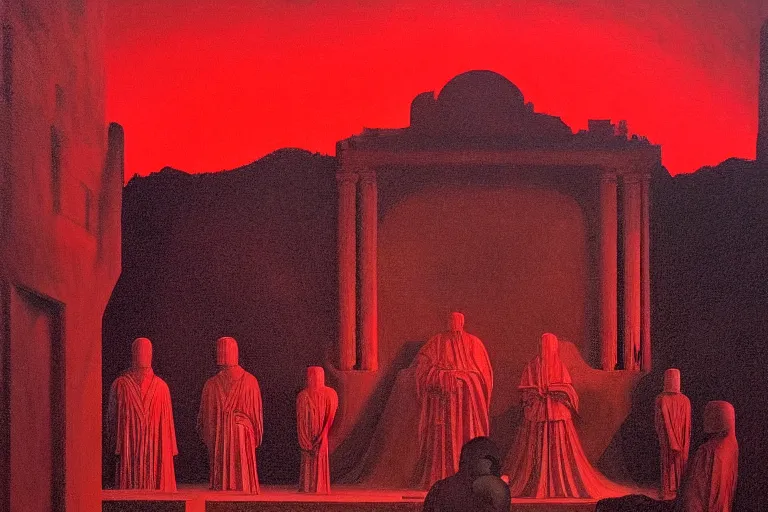 Image similar to only with red, a red melted emperor in an authoritarian position, taormina amphitheatre, crowd hails him, in the style of beksinski, parts by edward hopper, parts by rodcenko, parts by yue minjun, intricate and epic composition, red by caravaggio, insanely quality, highly detailed, masterpiece, red light, artstation, 4 k