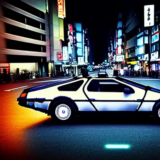 Prompt: a car Delorean in middle of road, shibuya prefecture, night city, cinematic color, photorealistic, highly detailed