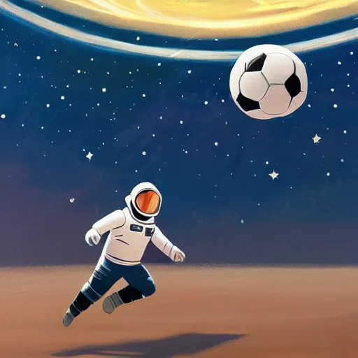 Image similar to a painting of an astronaut playing soccer in a cosmic scenic environment, soccer ball, beautiful, hyperdetailed, comic book style, trending on Artstation