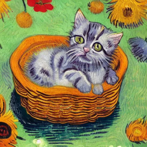 Image similar to cute kitten sitting in a basket of flowers floating down a river, surrounded by a lush forest, historic painting by van gogh, stunning detail, 8 k, beautiful