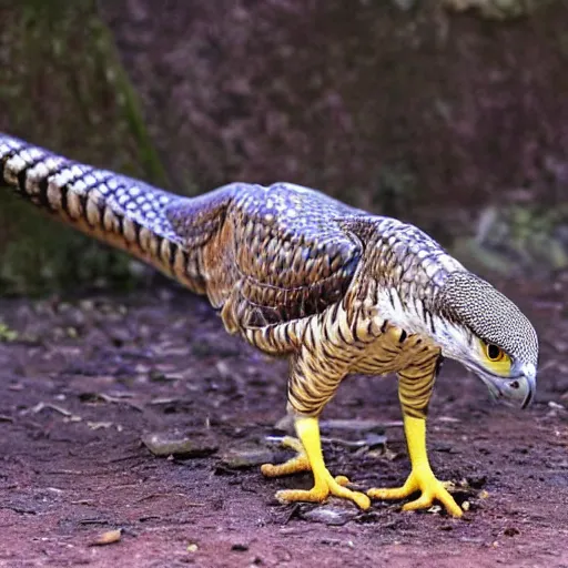 Image similar to snake and hawk morphed together, half snake half hawk, reptilian and avian features, real photo taken in zoo