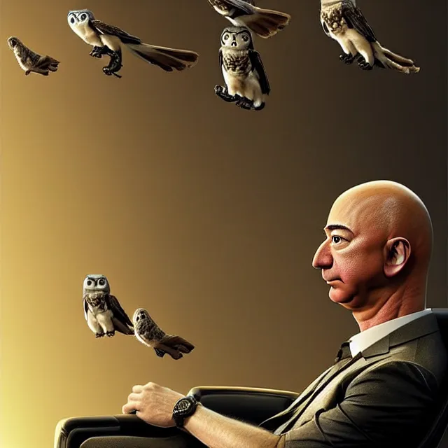 Prompt: epic professional digital art of Jeff Bezos sitting in a chair, surrounded by owls, best on artstation, cgsociety, wlop, Behance, pixiv, astonishing, impressive, outstanding, epic, cinematic, stunning, gorgeous, much detail, much wow, masterpiece.