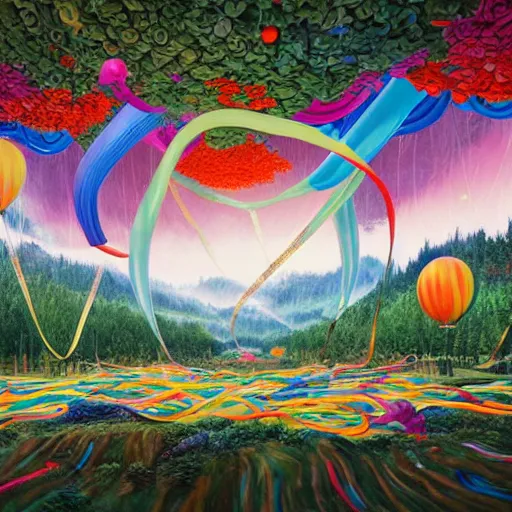 Image similar to inflatable landscape with forest, river and mountains in the middle of the frame colossal balloon surrounded by colorful ribbons and party confetti , concept art, huge scale, high detail, sci fi by James Jean