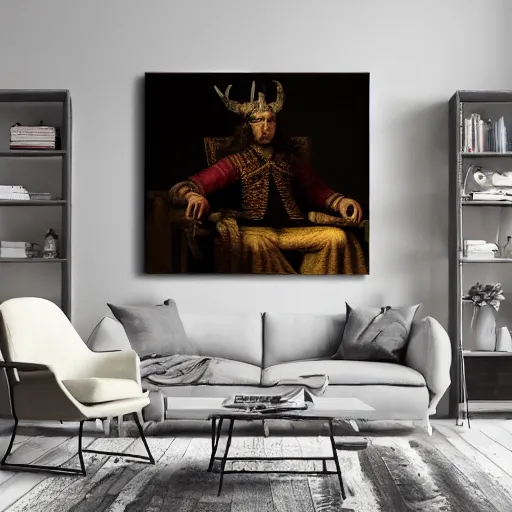 Prompt: the demon king on his throne, fantasy, Rembrandt style painting, Rembrandt lighting, cracked canvas