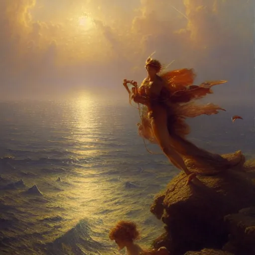 Image similar to point of view, you are deep in the ocean looking up, you see fishes, flora and fauna, higher you see the splendorous milk way illuminating the sea. highly detailed painting by gaston bussiere, greg rutkowski 8 k