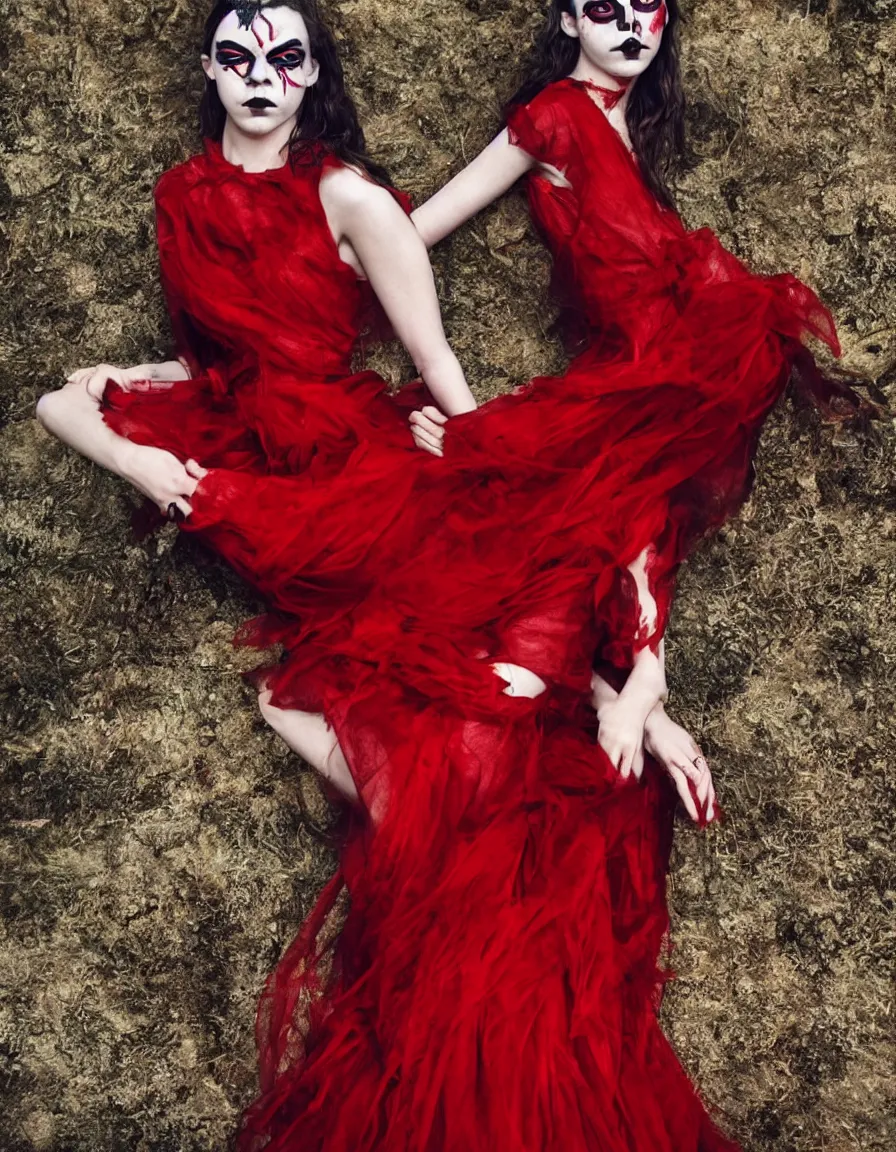 Prompt: r/anyataylorjoy in a sexy red dress, with black metal face paint, hyper-realistic, 4k, full body, vogue photoshoot