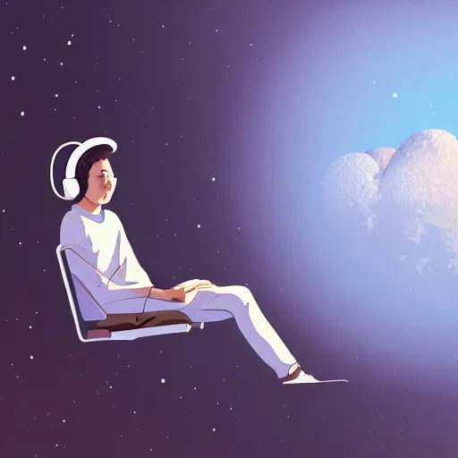 Image similar to medium shot of male wearing headphones sitting on the moon, calm, soothing, relaxed, cosy, quiet, elegant, cybernetic, glows, digital painting, Hayao Miyazaki, realism,