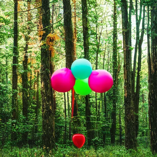 Prompt: An abandoned forest with colorful balloons, Sony a7R IV, symmetric balance, polarizing filter, Photolab, Lightroom, 4K, Dolby Vision, Photography Award