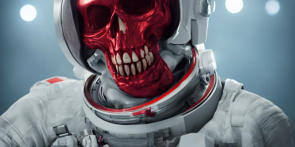 Image similar to ornate red skull in astronaut suit, gold linens, cinematic lighting, dramatic, octane render, long lens, shallow depth of field, bokeh, anamorphic lens flare, 8k, hyper detailed