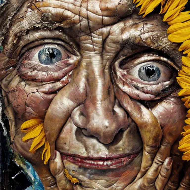 Image similar to an extreme close up portrait a very ordinary old woman with an happy expression, front angle, by Lucian Freud and Jenny Saville and Anselm Kiefer, oil painting, rust, Scaffolding, rusted metal and sunflowers, iron cladding, decay, mixed media, textured, anatomically correct, beautiful perfect face, visible brushstrokes, sharp focus, Highly Detailed, Cinematic Lighting, 8k, HD