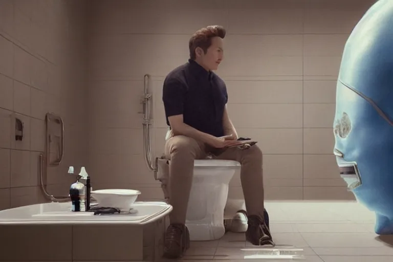 Image similar to hyperrealism aesthetic ridley scott and denis villeneuve style photography of a detailed hyperrealism elon musk, siting on a detailed hyperrealism toilet and scrolling his smartphone in hyperrealism scene from detailed art house movie in style of alejandro jodorowsky and wes anderson