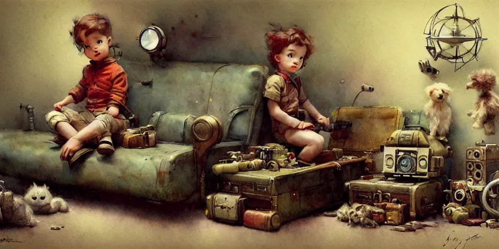 Image similar to adventurer ( ( ( ( ( 1 9 5 0 s retro future living room. muted colors. toys laying around ) ) ) ) ) by jean baptiste monge, chrome red