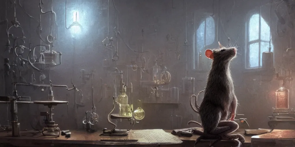 Image similar to highly realistic intricate rat standing on a desk in a laboratory with lots of flasks filled with magic liquids and poisonous fog, stephen bliss, unreal engine, fantasy art by greg rutkowski, loish, rhads, ferdinand knab, ilya kuvshinov, rossdraws, tom bagshaw, global illumination, radiant soft light, detailed and intricate environment