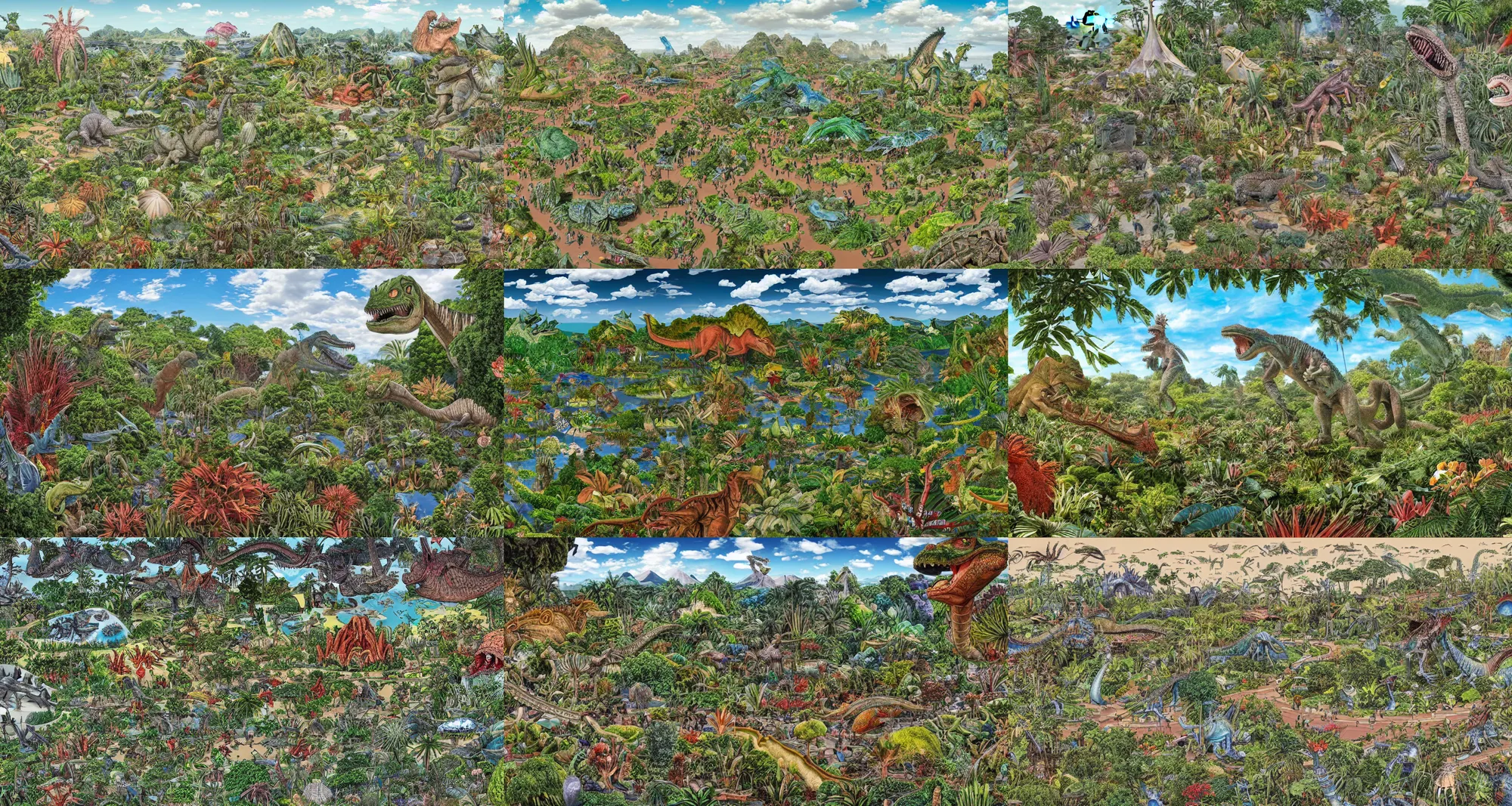 Prompt: wide angle view, far shot, botanical garden at the center of the earth by jules verne, dinosaurs and godzilla, in the style of where's wally, extremely detailed