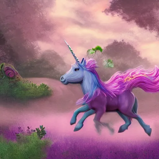 Image similar to a pinkish, purplish, unicorn frolicking, in a field of 4 leaf clovers, being ridden by a leprechaun, being chased by a sasquatch, diffuse lighting, fantasy, intricate, elegant, highly detailed, lifelike, photorealistic, digital painting, artstation, illustration, concept art, smooth, sharp focus, art by John Collier and Albert Aublet and Krenz Cushart and Artem Demura and Alphonse Mucha