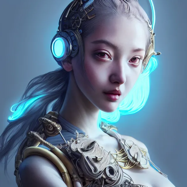 Image similar to studio portrait of optimist female divine mech blahsen as absurdly beautiful, elegant, young sensual gravure idol, ultrafine hyperrealistic detailed face illustration by kim jung gi, irakli nadar, intricate linework, sharp focus, bright colors, matte, octopath traveler, final fantasy, unreal engine highly rendered, global illumination, radiant light, intricate environment