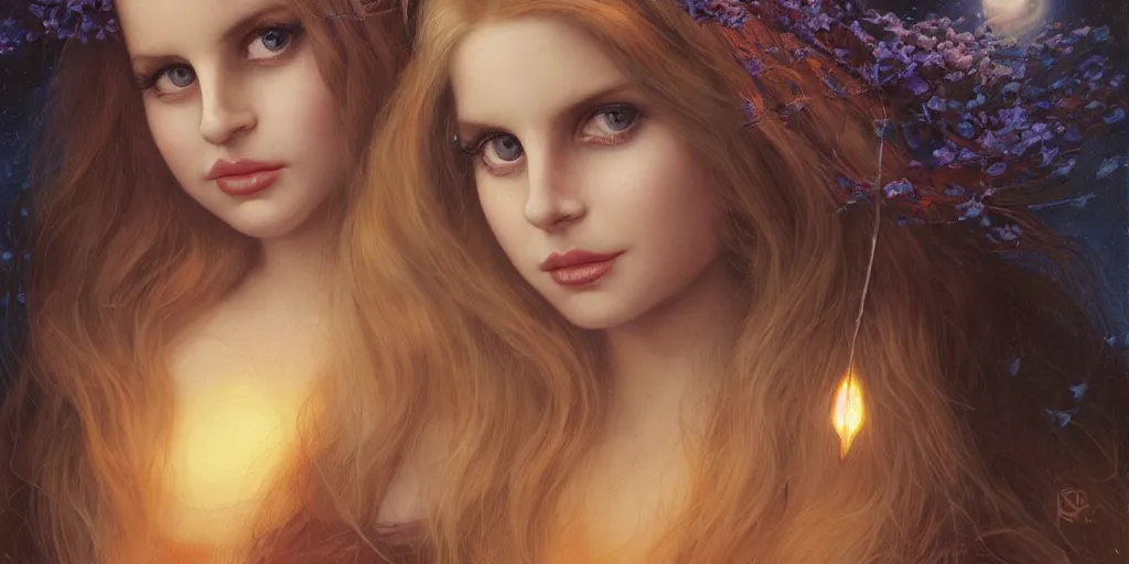 Image similar to big-eyed Lana Del Rey staring into the camera, sundown misty firefly wisps, Lilia Alvarado, Sophie Anderson, Mark Arian, Bob Byerley, Charlie Bowater, Mark Brooks, Steve Henderson, Justin Gerard, Arthur Hughes, Edward Robert Hughes, Mark Keathley, Victor Nizovtsev, Carlos Shwabe, Ross Tran, WLOP