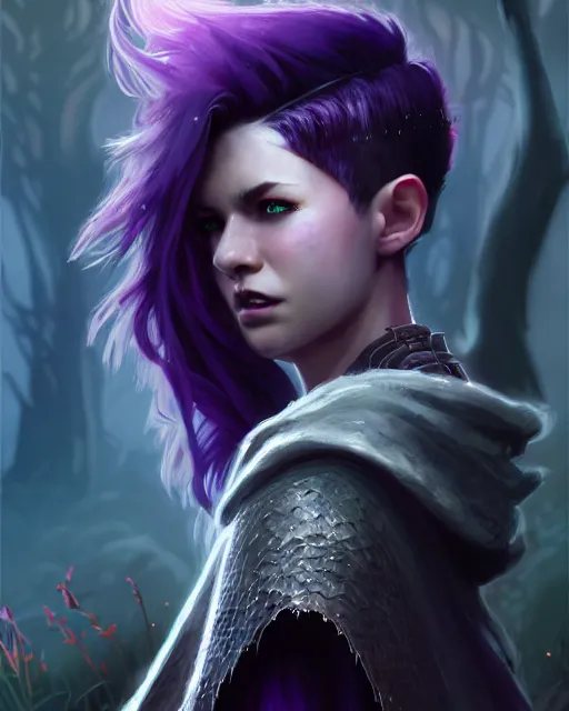 Prompt: cinematic side portrait rugged girl, adventurer outfit large cloak, fantasy forest landscape, dragon scales in hair, fantasy magic, undercut hairstyle, short purple black fade hair, dark light night, intricate, sharp focus, lens flare, bloom, rim light, illustration, highly detailed, digital painting, concept art, matte, art by ruan jia
