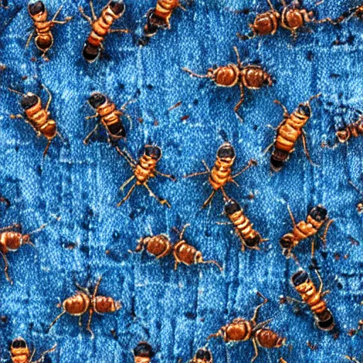 Image similar to microscopic zoom on a denim fabric, little ants walking all over it collecting crumbs, 8k, highly detailed, tactile