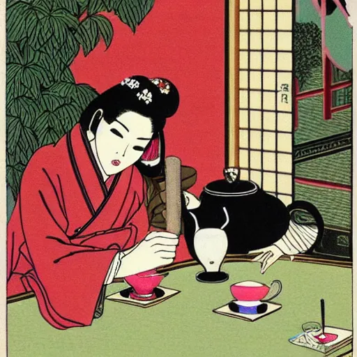 Image similar to Japanese beauty wrapped in a snake having tea with her husband by Toshio Saeki, high detailed