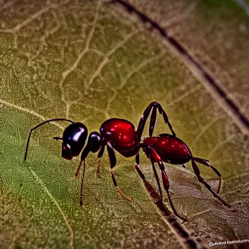 Image similar to bionic ants at war on a green leaf, macro photography, 8 k, cinematic lighting, shallow depth of field,