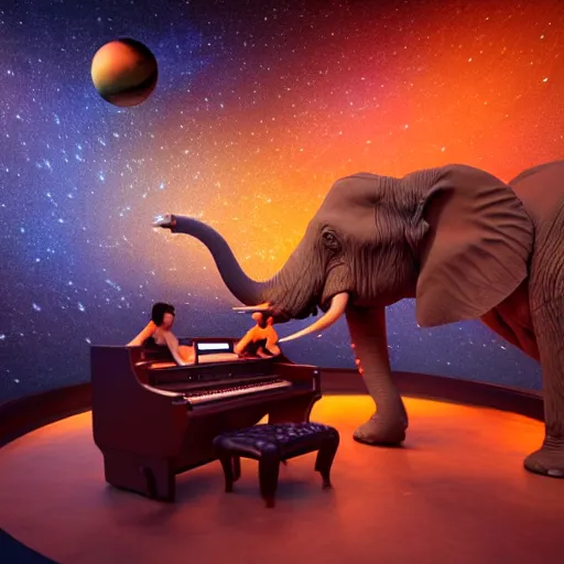 Image similar to a hyperrealistic 3D octane render of an elephant playing piano in a planetarium with planets and galaxies, trending on artstation, photorealism, 8k, 4K, dramatic lighting, glowing, volumetric lighting, ray tracing, unreal engine