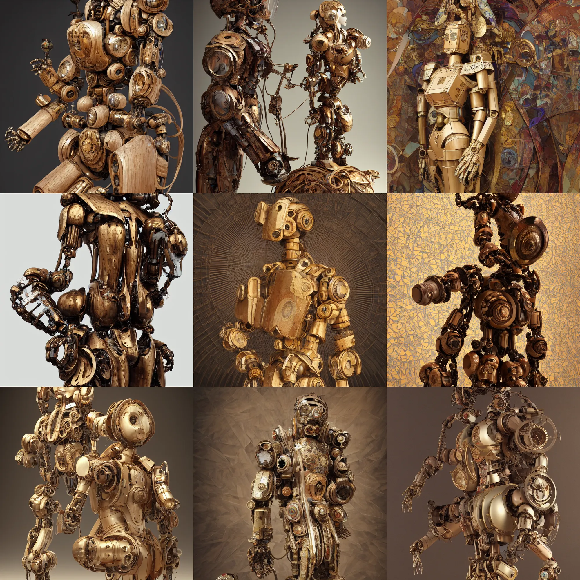 Prompt: octane render ultra photorealistic hyper detailed, a very very sculpture cute wooden and ceramic mystical statue robot of the roman organiquecyberpunk a contemporary art gallery in neo tokyo artwork alphonse mucha and wlop and chamberlain john