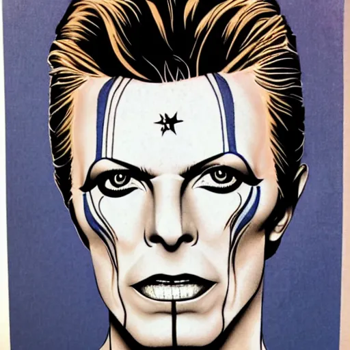 Image similar to tattoo design, stencil, portrait of david bowie, symmetrical face