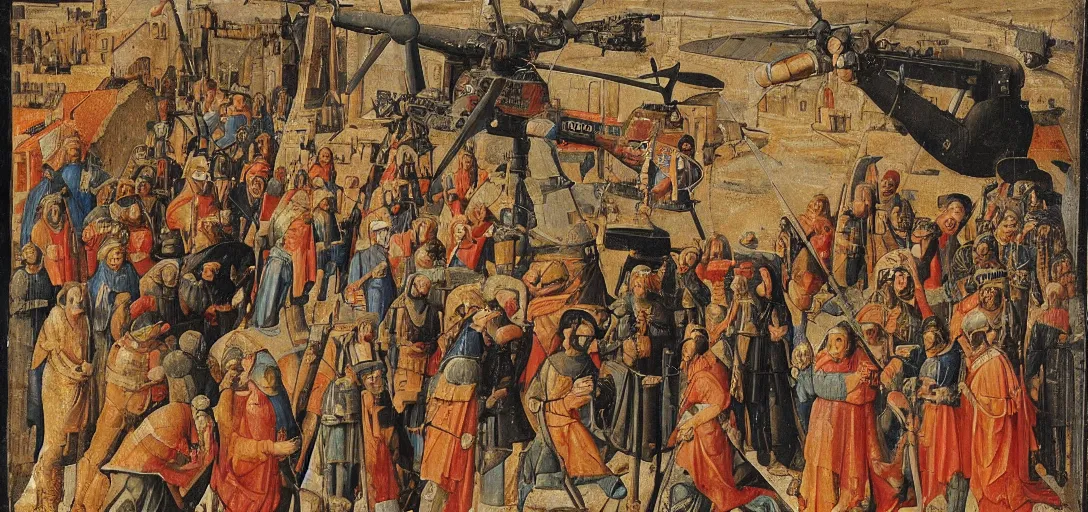 Prompt: apache gunship helicopters in medieval religious art jesus