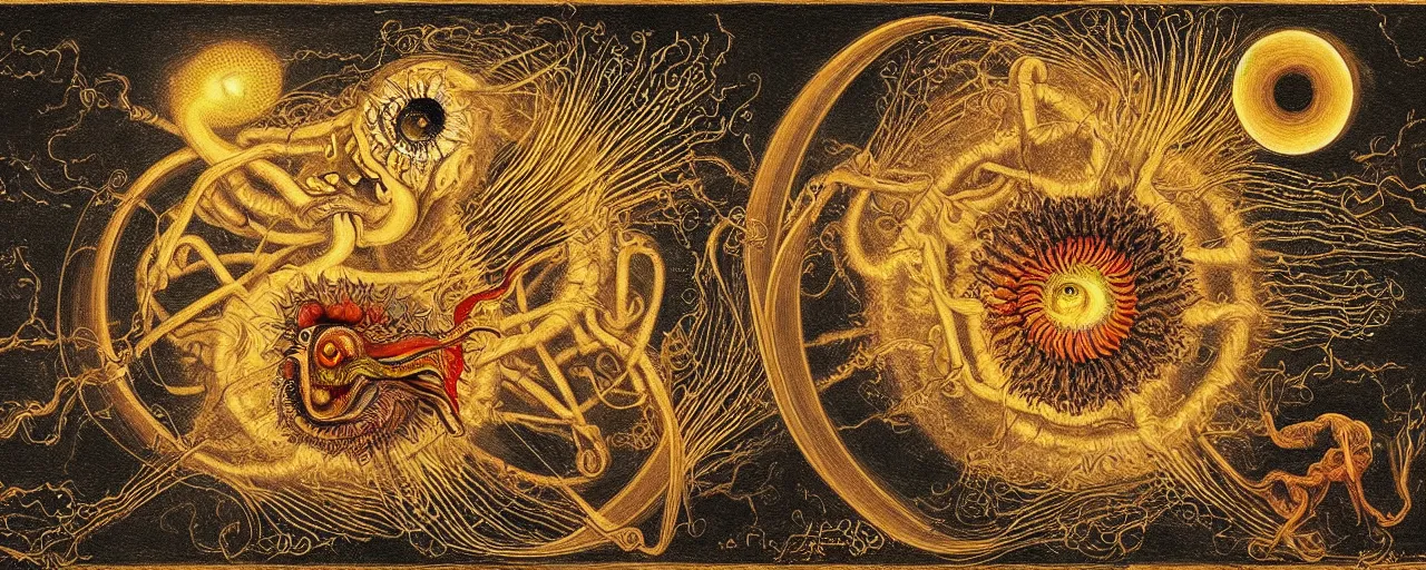 Image similar to a strange fire creature with endearing eyes radiates a unique canto'as above so below'while being ignited by the spirit of haeckel and robert fludd, breakthrough is iminent, glory be to the magic within, in honor of saturn, painted by ronny khalil