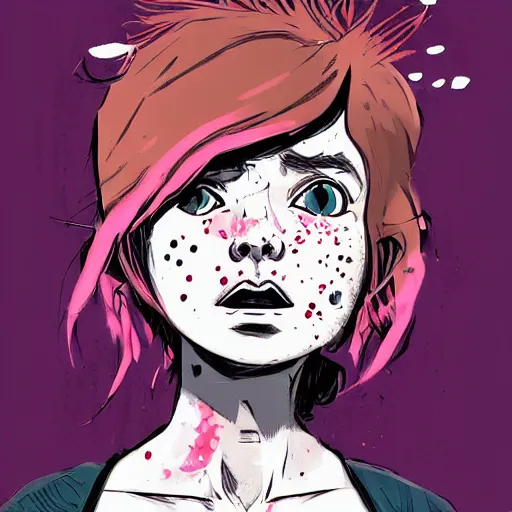 Image similar to Highly detailed portrait of a punk zombie young lady with freckles and blonde wavy hair by Atey Ghailan, by Loish, by Bryan Lee O'Malley, by Cliff Chiang, was inspired by image comics, inspired by scott pilgrim, inspired by graphic novel cover art !!!electric pink, brown, black, yellow and white color scheme ((grafitti tag brick wall background))