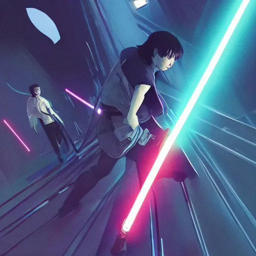 Image similar to Jedi lightsaber Duel in future japan at night, sword fight, Neon Lights, High contrast, concept art, fine details, studio ghibli, cinematic lighting, ghost-in-the-shell, cyberpunk,sci-fi, fantasy, intricate, elegant, highly detailed, digital painting, trending on artstation, concept art, smooth, sharp focus, illustration, by james gurney and greg rutkowski