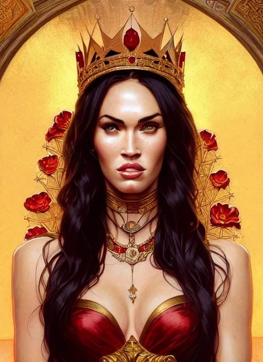 Image similar to portrait of megan fox as a queen, throne, jewelry, greek, ruby, intricate, headshot, highly detailed, digital painting, artstation, concept art, sharp focus, cinematic lighting, illustration, art by artgerm and greg rutkowski, alphonse mucha, cgsociety