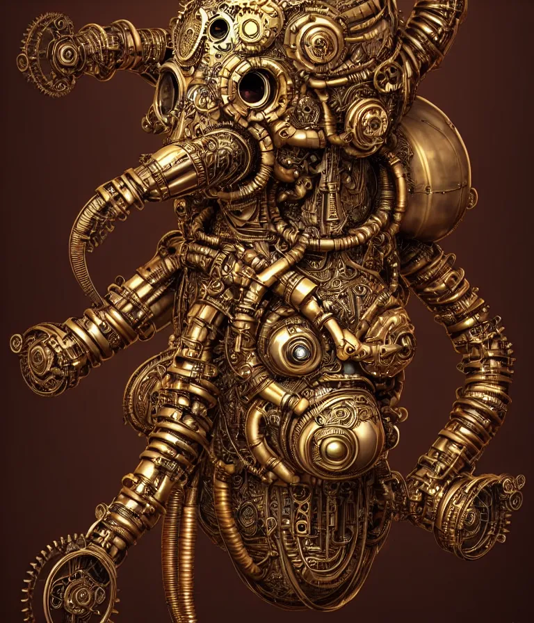 Prompt: steampunk cybernetic biomechanical ganesha, front facing, symmetric, 3 d model, very coherent symmetrical artwork, unreal engine realistic render, 8 k, micro detail, intricate, elegant, highly detailed, centered, digital painting, artstation, smooth, sharp focus, illustration, artgerm, tomasz alen kopera, wlop