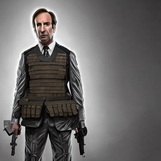 Image similar to Saul Goodman wearing heavy military gear and holding a bulletproof shield, highly detailed, 4k