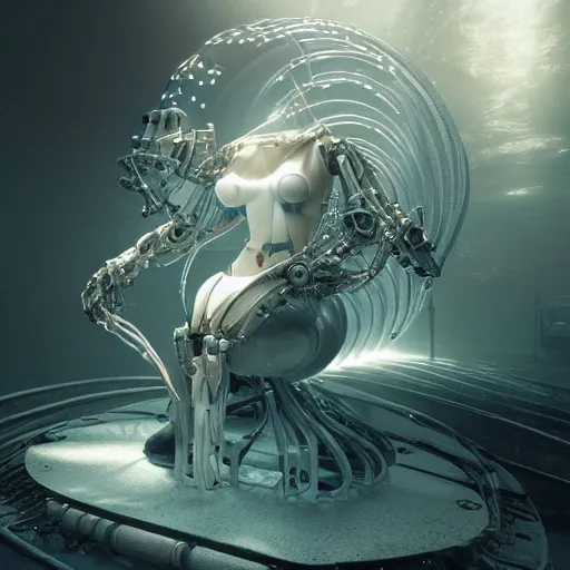 Image similar to biomechanical mecha white mermaid underwater, rays of light. Style of westworld, cables, lights, searchlight, weta digital, octane render, insane details, ultra realistic, beatifully lit, reflections