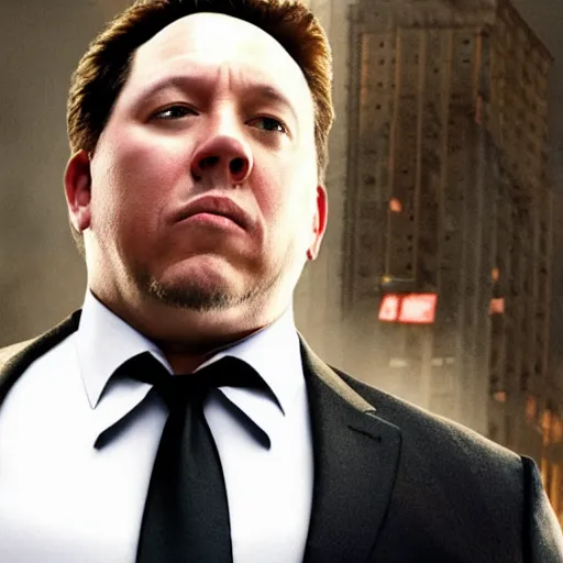 Image similar to clean-shaven Jon Favreau as Happy Hogan wearing a white dress shirt and black vest and black necktie floats high above a city with a frightened expression on his face