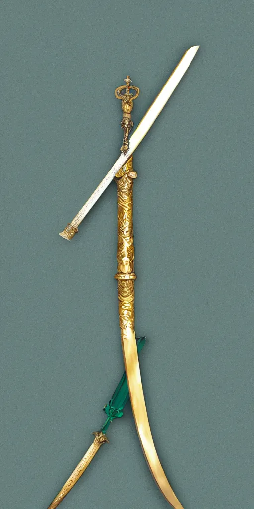 Image similar to photograph of a wide green and teal crystal sword with a big gold sword hilt