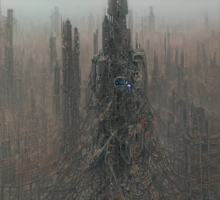 Image similar to gigantic mechanic megastructure tower in center, gothic, warhammer, cyberpunk, highly detailed, artstation, art by zdislav beksinski and wayne barlowe