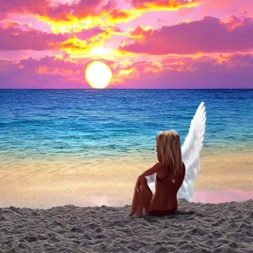 Prompt: Angel on the beach watching the sunset