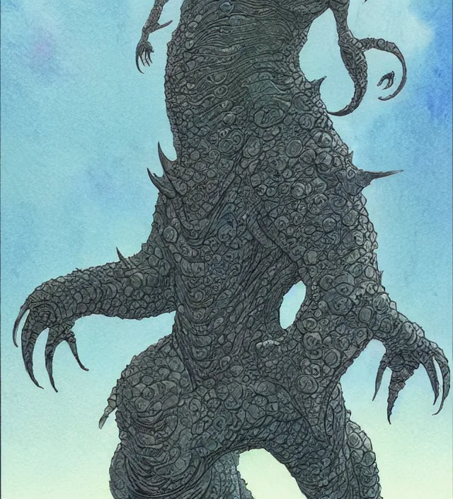 Prompt: a watercolor ink painting of a monstrous kaiju goddess in the style of jean giraud in the style of moebius trending on artstation deviantart pinterest detailed realistic hd 8 k high resolution